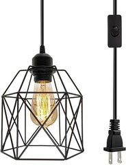 Industrial Plug in Pendant Light, Black Cage Pendant Light Fixture with On/Off Switch, E26 Socket Vintage Hanging Light, Farmhouse Pendant Lighting for Kitchen Living Room Dining Room