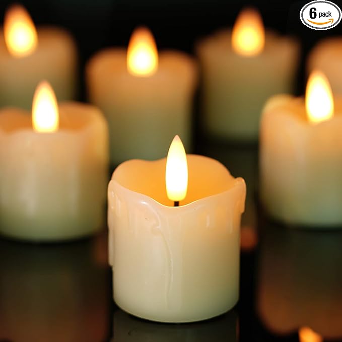 Homemory Flameless Votive Candles with Timer, 2" x 2" Real Wax, 400+Hour Realistic Black Wick Battery Operated Candles, Set of 6 for Wedding, Party and Holiday Decoration (Battery Included)