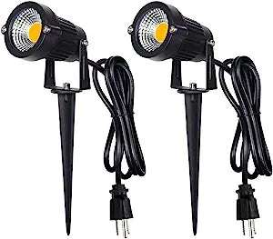 Z Outdoor Landscape LED Lighting 5W Waterproof Graden Lights COB Led Spotlights with Spiked Stand for Lawn Decorative Lamp US 3- Plug 3500K Warm White Lights (2 Packs)