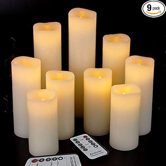 antizer Flameless Candles Led Candles Pack of 9 (H 4" 5" 6" 7" 8" 9" x D 2.2") Ivory Real Wax Battery Candles with Remote Timer
