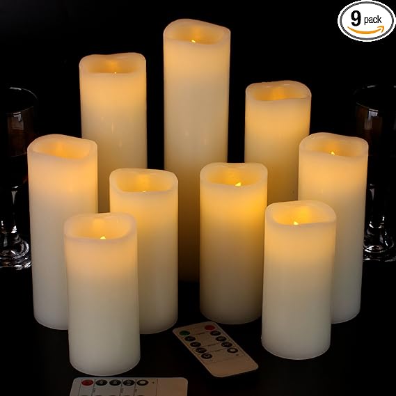 Vinkor Flameless Candles Battery Operated Candles 4" 5" 6" 7" 8" 9" Set of 9 Ivory Real Wax Pillar LED Candles with 10-Key Remote and Cycling 24 Hours Timer