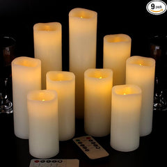 Vinkor Flameless Candles Battery Operated Candles 4" 5" 6" 7" 8" 9" Set of 9 Ivory Real Wax Pillar LED Candles with 10-Key Remote and Cycling 24 Hours Timer