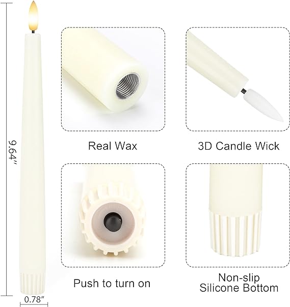 Flameless Taper Candles with 3D Wick, 9.6" Real Wax LED Candles with Remote and Timer, 3 Pack Flickering Candlesticks Battery Operated, Classic Tall Taper Candles for Home, Wedding, Party, Ivory