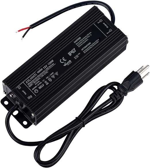 LED Driver 120W 12V DC Low Voltage Output, Waterproof IP67 LED Power Supply,LED Transformer with 3-Prong Plug 3.3 Feet Cable for LED Light, Computer Project, Outdoor Light
