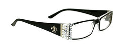 The French, (Bling) Fleur De Lis Women Reading Glasses Adorned with (Clear + Aurora Borealis) Austrian Crystals, Magnifying (Black) Rectangular. NY Fifth Avenue. (+2.50)