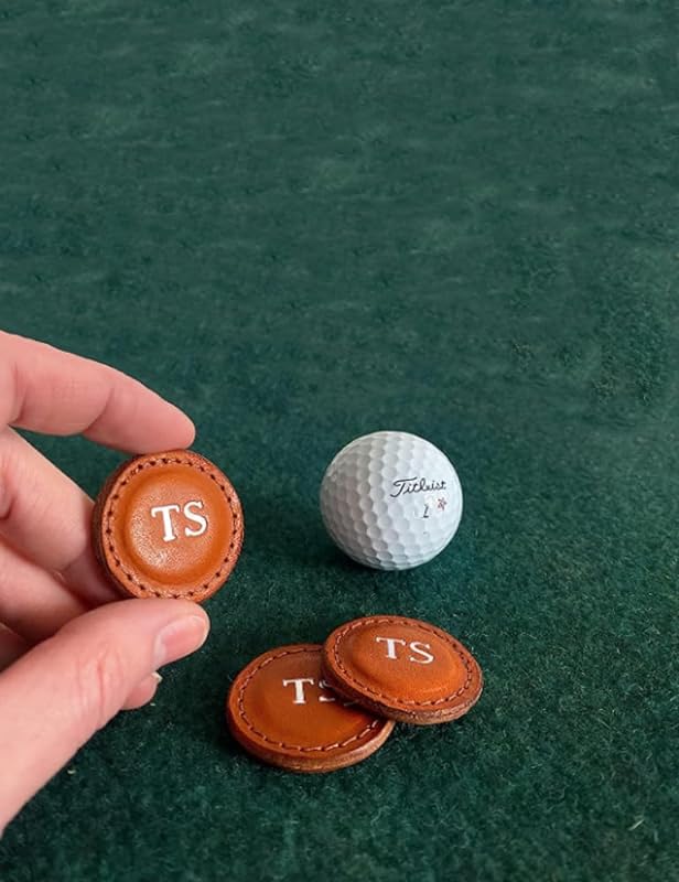 Monogrammed Leather Golf Ball Markers | Set of 2 | Personalized Full Grain Genuine Leather | Leather Markers for Golf Balls Strap | Golf Gift | Made in USA (Tan)