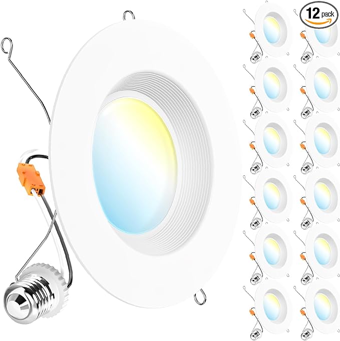 Sunco 12 Pack 5CCT Retrofit LED Recessed Lighting 6 Inch, 2700K/3000K/3500K/4000K/5000K Selectable, Dimmable Can Lights, Baffle Trim, 13W=75W, 1050 LM, Damp Rated - Energy Star