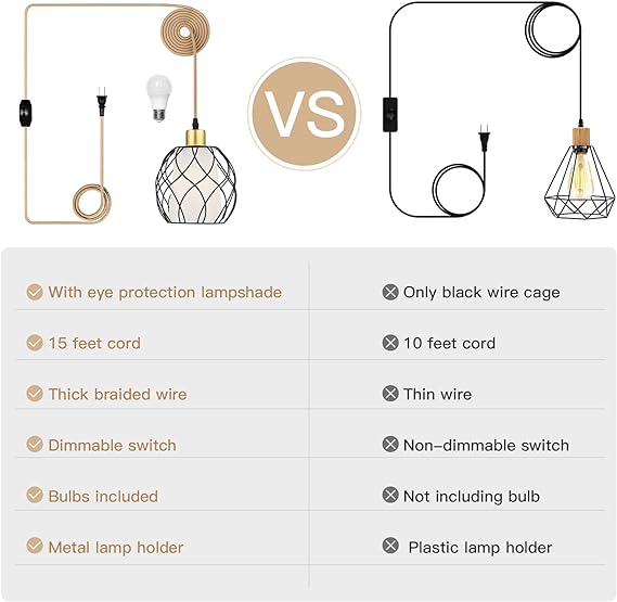 Cinkeda Plug in Pendant Light, Black Farmhouse Hanging Lights with Linen Shade, 15ft Golden Cotton Cord, Industrail Ceiling Lamp with Dimmable Switch, for Kitchen Island Living Room (Bulb Included)