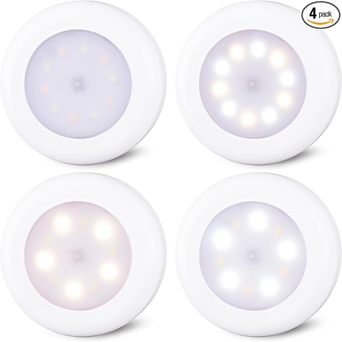 STAR-SPANGLED 4 Pack 3.1” Dimmable Push Tap Lights, Stick on LED Touch Puck Lights AA Battery Operated, 3 Color Modes Voice Level Sticky Button Lights for Classroom, Kitchen, Under Cabinet, Closet