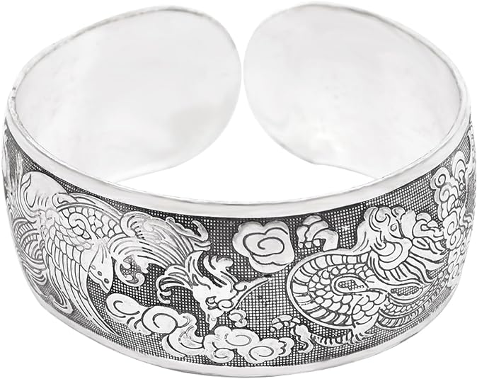 Tibeten Silver Carved Spiral Flower Connecting Branches Pattern Bracelets Vintage Ethnic Elephant Turtle Wide Grooved Open Cuff Bracelet Bangle Party Jewelry for Women Girl Gift