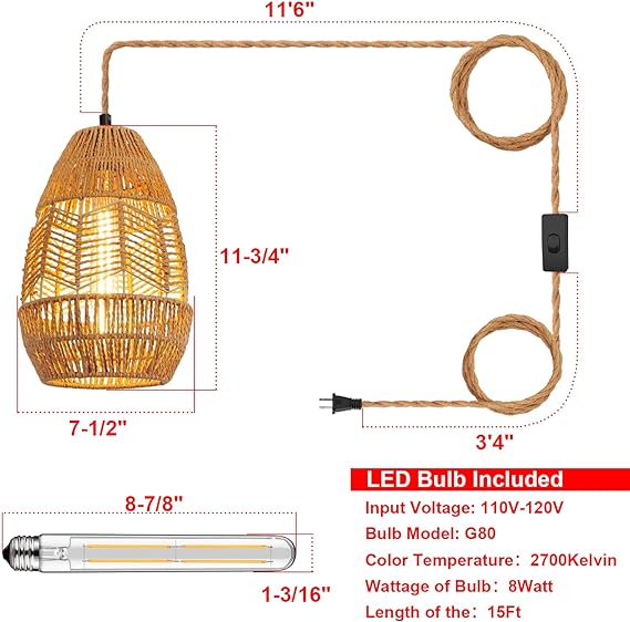 tebio Plug in Pendant Light Rattan Hanging Lights with Plug in Cord 15FT Hemp Rope Cord, On/Off Switch Chandelier for Boho Living Room Bedroom Kitchen（Bulb Included） 11 x 7 inch