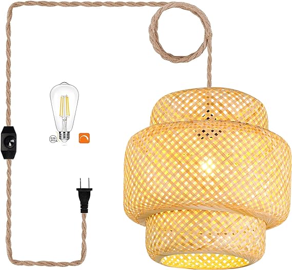 Plug in Pendant Light Rattan Hanging Lights with Plug in Cord Bamboo Hanging Lamp Dimmable,Handmade Woven Boho Wicker Basket Lamp Shade,Plug in Ceiling Light Fixture for Living Room Bedroom Kitchen