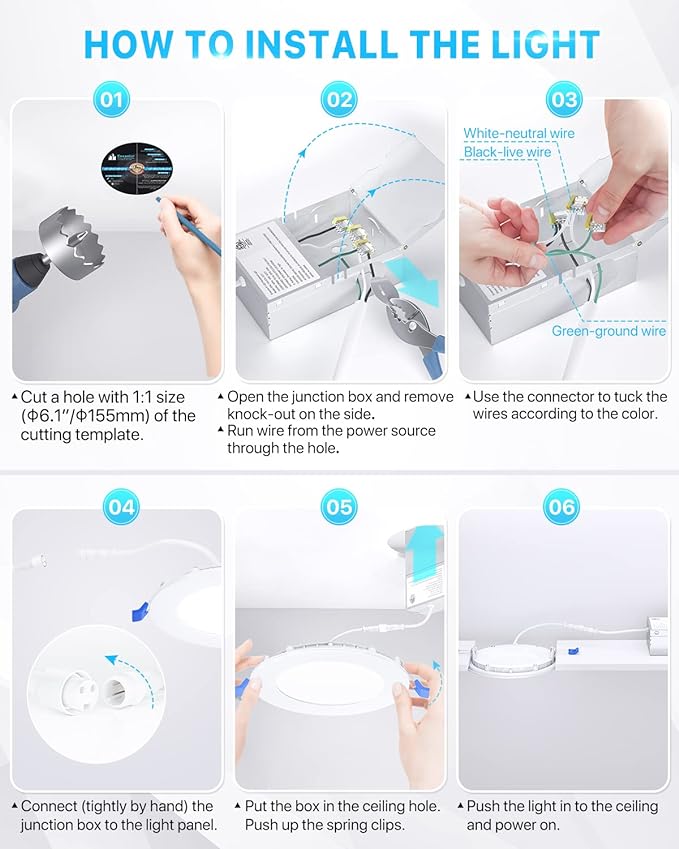 Ensenior 6 Pack 6 Inch Ultra-Thin LED Recessed Ceiling Light with Junction Box, 2700K/3000K/3500K/4000K/5000K Selectable, 12W 110W Eqv, Dimmable, 1050LM High Brightness - ETL and Energy Star