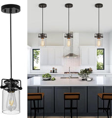 foucasal Industrial Pendant Light with Clear Seeded Glass Shade, Mini Ceiling Light Fixture, Farmhouse Pendant Lighting for Kitchen Island Dining Room Bedroom Living Room, Black Metal Finish