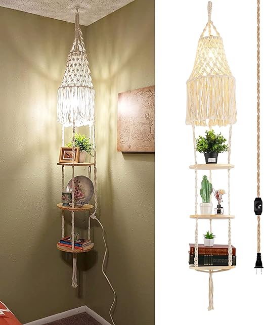 QIYIZM Boho Plug in Pendant Light,Hanging Light with Plug in Cord,Hanging Lamp Macrame Lamp Shade,Dimmable Switch,3 Tier Hanging Plant Shelf Shelves Bohemian Decor for Bedroom Living Room Corner