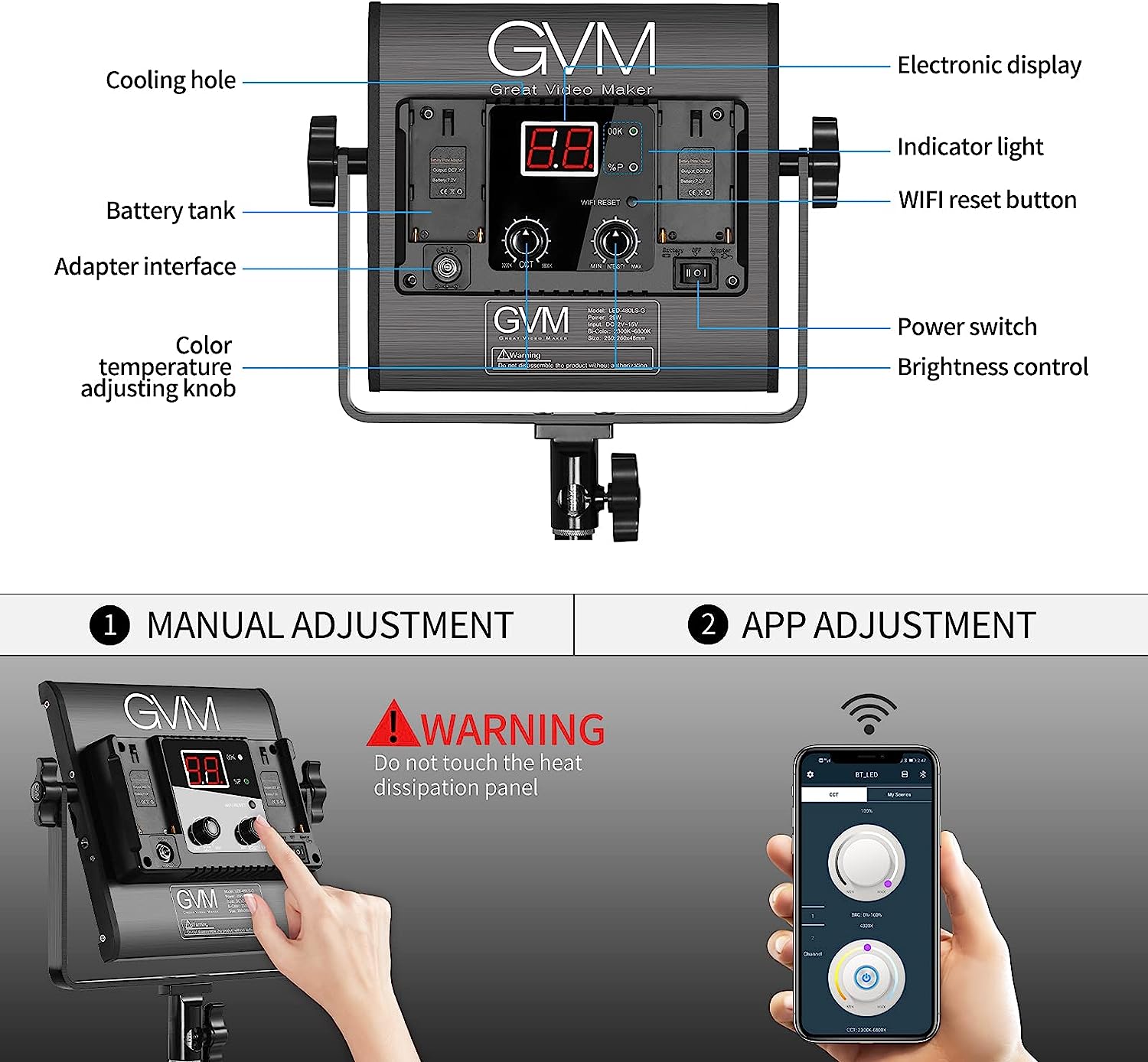 GVM 2 Pack LED Video Lighting Kits with APP Control, Bi-Color Variable 2300K~6800K with Digital Display Brightness of 10~100% for Video Photography, CRI97+ TLCI97 Led Video Light Panel +Barndoor