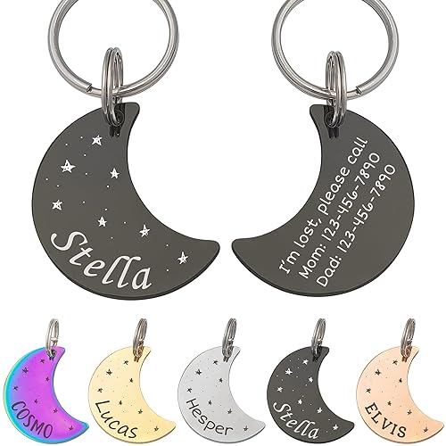 Anavia Starry Sky Theme Pet ID Tags in Half Moon & Star Shape, Personalized Dog Name Tag Cat Tag, Glossy Stainless Steel Gold Plated Black Rainbow Dog Collar Tag (Small, Moon Shape, Black)