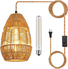 tebio Plug in Pendant Light Rattan Hanging Lights with Plug in Cord 15FT Hemp Rope Cord, On/Off Switch Chandelier for Boho Living Room Bedroom Kitchen（Bulb Included） 11 x 7 inch