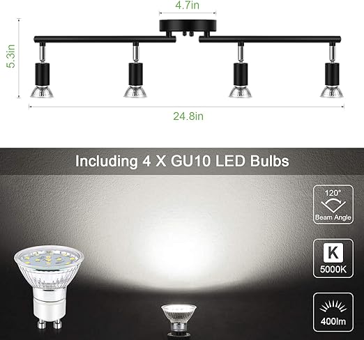 Unicozin LED 4 Light Track Lighting Kit, Black 4 Way Ceiling Spot Lighting, Flexibly Rotatable Light Head, Track Light Included 4 x LED GU10 Bulb (4W, Daylight White 5000K, 400LM)