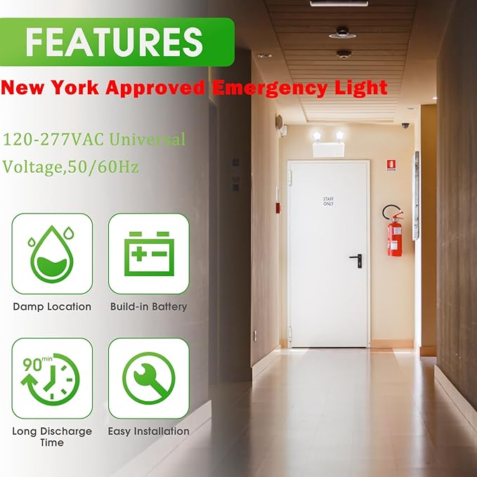 Garrini New York Certified LED Emergency Light, White Housing with Backup Battery, Two Adjustable Lamps Heads, 120-277V, Commercial Grade, Fire Resistant, UL Certified NYC-100 (2 Heads)