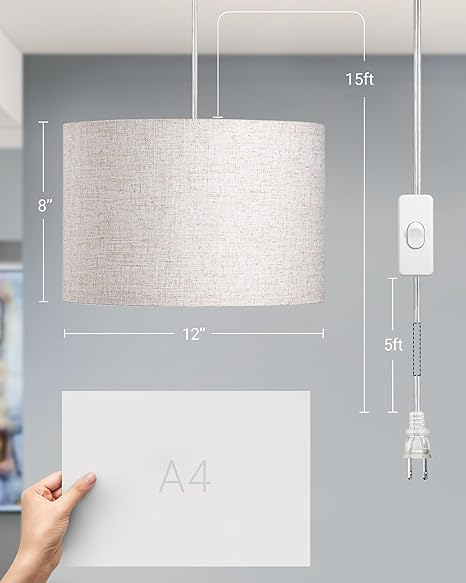 DEWENWILS Plug in Pendant Light, Hanging Light with 15Ft Clear Cord, On/Off Switch, Beige Linen Shade, Hanging Light Fixture for Bedroom, Kitchen, Living Room, Dining Table