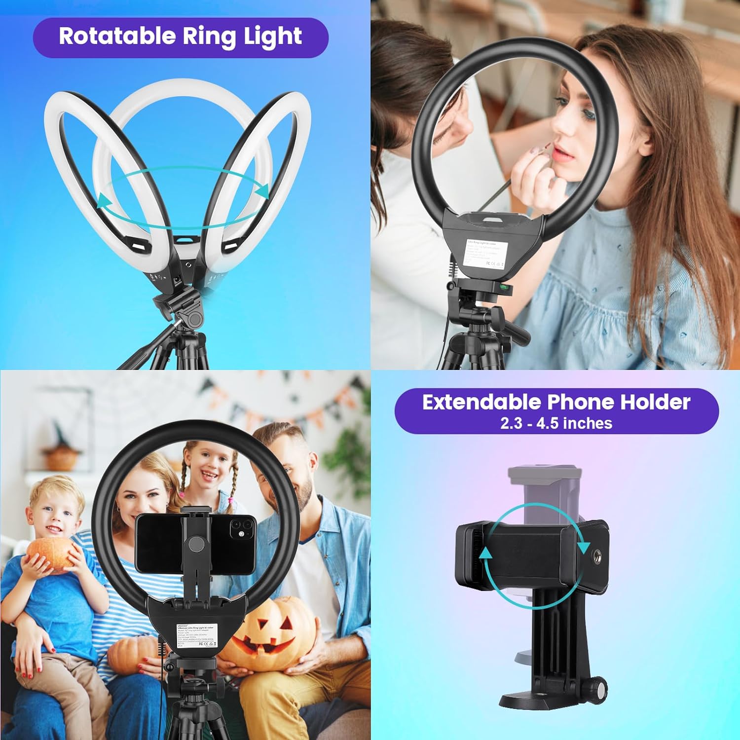 Sensyne 10'' RGB Ring Light with 50'' Extendable Tripod Stand, Circle Lights with Phone Holder for Live Stream/Makeup/YouTube Video/TikTok, Compatible with All Phones