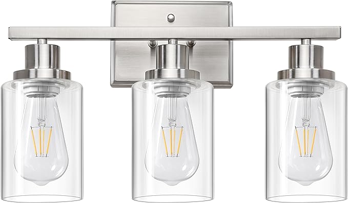 Ascher Bathroom Vanity Light Fixtures, 3 Light Wall Sconces Lighting with Clear Glass Shade, Matt Nickel Wall Lights for Mirror, Kitchen, Living Room, Gallery, Hallway, E26 Base (Bulbs Not Included)