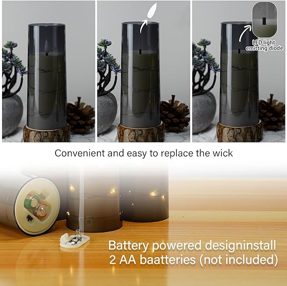 kakoya Flameless LED Candles with Timer 5 Pc Flickering Flameless Candles for Romantic Ambiance and Home Decoration Durable Acrylic Shell,with Embedded Star String，Battery Operated Candles（Grey）