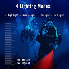 Dive Video Light 2000 Lumen Dive Photography Camera Light for gopro Dive LED Flashlight lamp, 100M/330FT Underwater Flood Light with White Beam red Beam Battery Rechargeable Torch NiteScuba V20