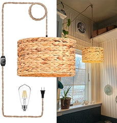 Plug in Pendant Light,15FT Hanging Lights with Plug in Cord,Hanging Lamp with Rattan Boho Woven LampShade,Hemp Rope Cord and Dimmable Switch,Plug in Hanging Ceiling Light For Bedroom Living Room