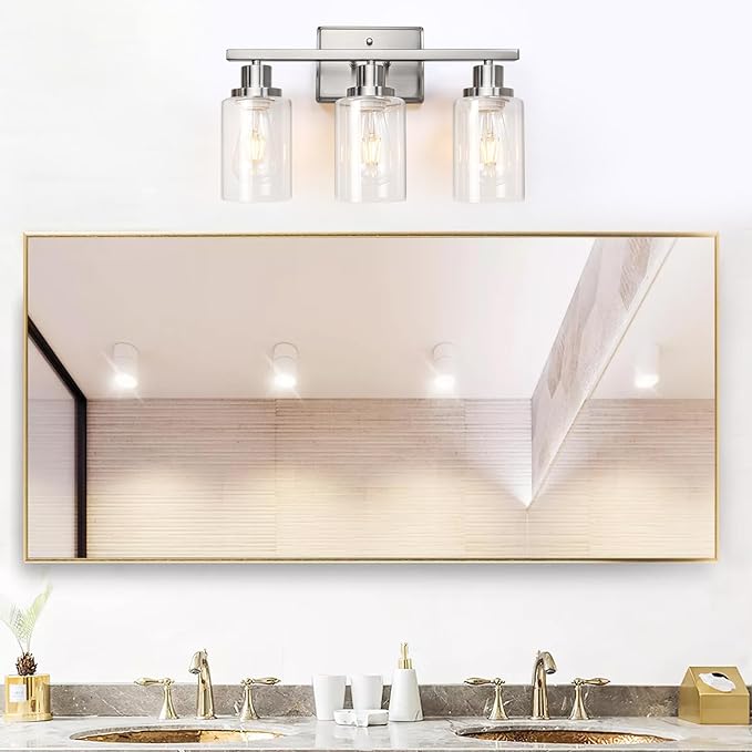 Ascher Bathroom Vanity Light Fixtures, 3 Light Wall Sconces Lighting with Clear Glass Shade, Matt Nickel Wall Lights for Mirror, Kitchen, Living Room, Gallery, Hallway, E26 Base (Bulbs Not Included)