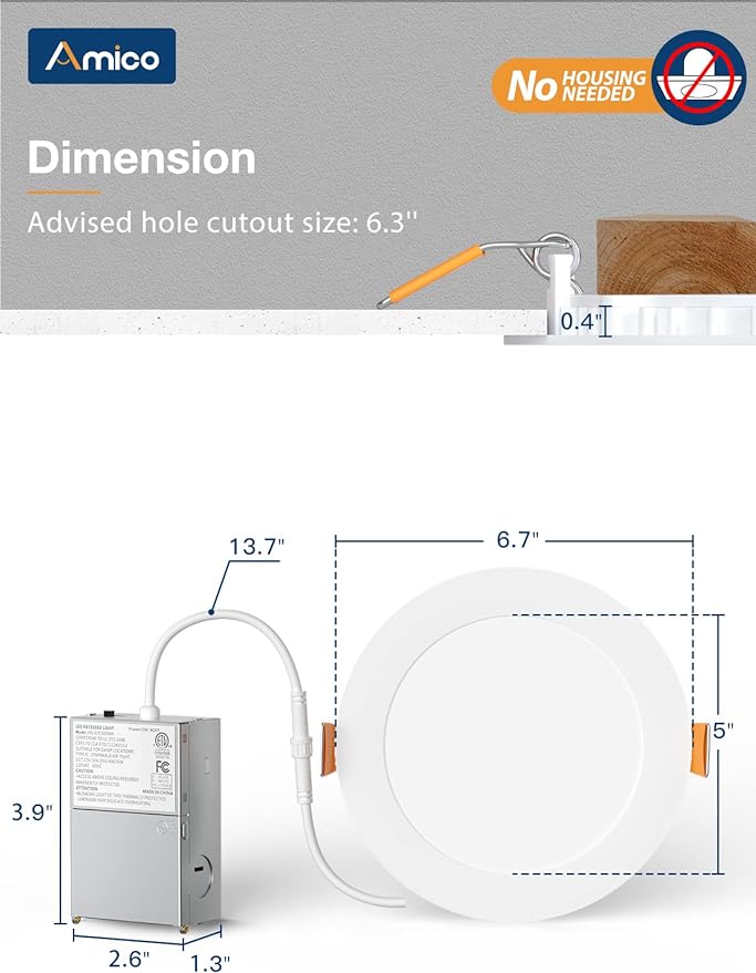 Amico 24 Pack 6 Inch 5CCT Ultra-Thin LED Recessed Ceiling Light with Junction Box, 1050LM Brightness, Dimmable Canless Wafer Downlight, 12W, ETL&FCC