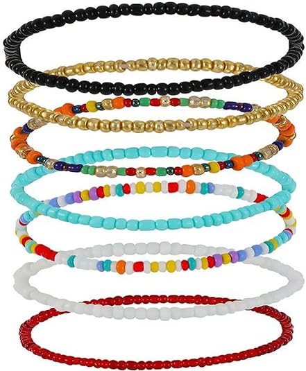 pugest Beaded Anklets for Womens Girls - Rainbow Handmade Seed Bead Bracelet, Boho Style Beach Bracelet for Friends, Girlfriends, Mothers, Colleagues, Sisters (7 Pieces)