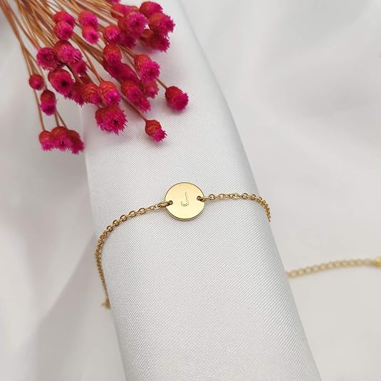 Personalized Initial Bracelet, 18K Gold Plated Stainless Steel Letter Bracelet Dainty Coin Charm Bracelet Delicate Disc Name Bracelet for Women Girls