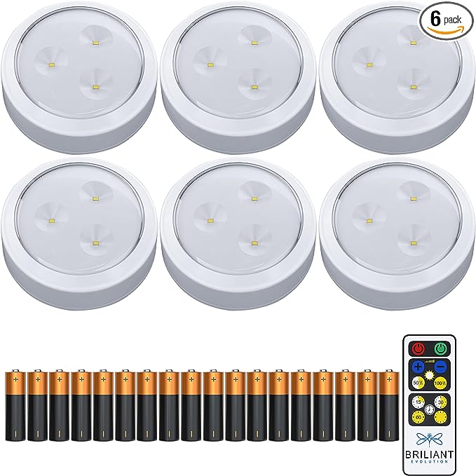 Brilliant Evolution Tap Light Push Lights 6pk w/Batteries + Remote, LED Stick On Lights Under Cabinets Battery Puck Lights with Remote - Under Counter Lighting Wireless Closet Kitchen Night Lights