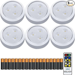 Brilliant Evolution Tap Light Push Lights 6pk w/Batteries + Remote, LED Stick On Lights Under Cabinets Battery Puck Lights with Remote - Under Counter Lighting Wireless Closet Kitchen Night Lights