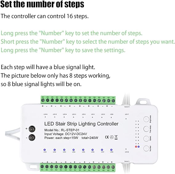 16 Channel LED Motion Sensor Stair Light Controller Automatic Stairway LED Controller Light Step Lighting Controller System Speed Brightness Adjustable (16 Channels)