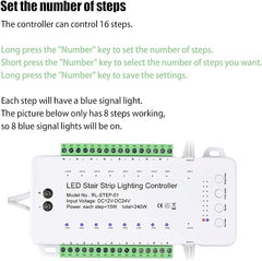 16 Channel LED Motion Sensor Stair Light Controller Automatic Stairway LED Controller Light Step Lighting Controller System Speed Brightness Adjustable (16 Channels)