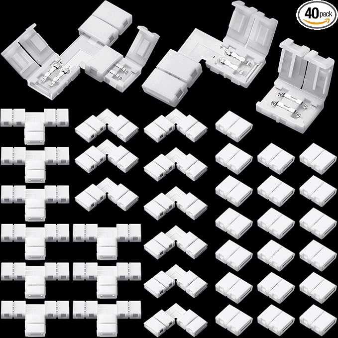 40 Pieces 2 Pin LED Strip Connectors Lights Connector T Shape L Shape Gapless Solderless Connectors LED Adapter Light Extension Connectors for 3528 2835 SMD RGB LED Strip Light (8 mm)