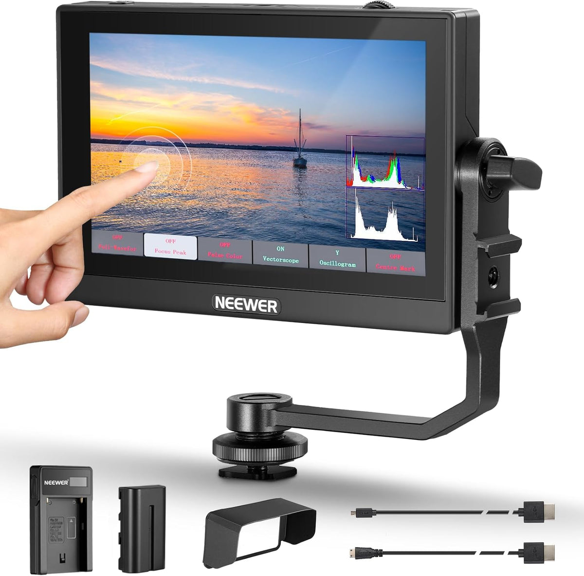 NEEWER F500 5.5 Inch Camera Field Monitor, HDR Touch Screen with 3D LUT, Waveform, Vector Scope, Full HD 1920x1080 IPS 4K HDMI Loop in/Out DSLR Video Peaking Focus Assist, Tilt Arm, Battery & Charger