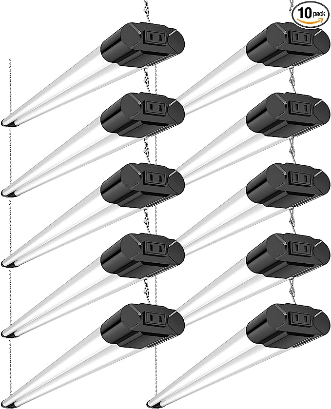 Bbounder 10 Pack Linkable LED Utility Shop Light, 4400 LM, 6500K Cool Daylight, 4 FT, 48 Inch Integrated Fixture for Garage, 40W Equivalent 250W, Surface + Suspension Mount, Black