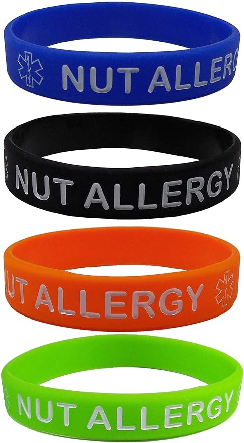 "NUT Allergy" Silicone Wristbands - Blue, Orange, Green and Black (4 Pack) (Very Small Size 5-1/2 inches)