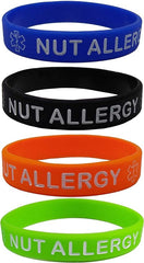 "NUT Allergy" Silicone Wristbands - Blue, Orange, Green and Black (4 Pack) (Very Small Size 5-1/2 inches)