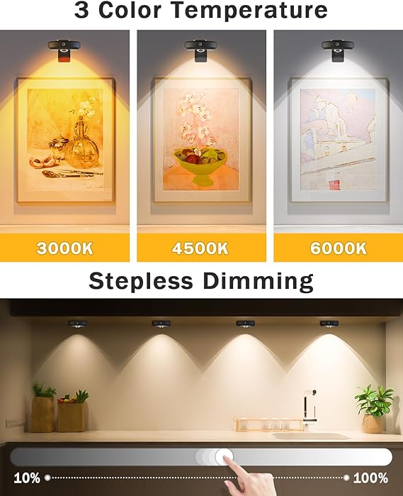 WILLED Picture Lights for Wall, 1200mAh Rechargeable Battery Operated Picture Frame lights, Puck Lights with Remote, Dimmable & Timer Art Lighting for Paintings Wireless, Magnetic Gallery Light/3 Pack