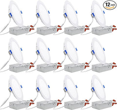 TORCHSTAR Basic Series 12-Pack 6 Inch Ultra-Thin LED Recessed Lighting with Junction Box, Aluminum, 5000K Daylight, 5%-100% Dimmable Slim Recessed Downlight, 12W 1000LM, ETL and Energy Star