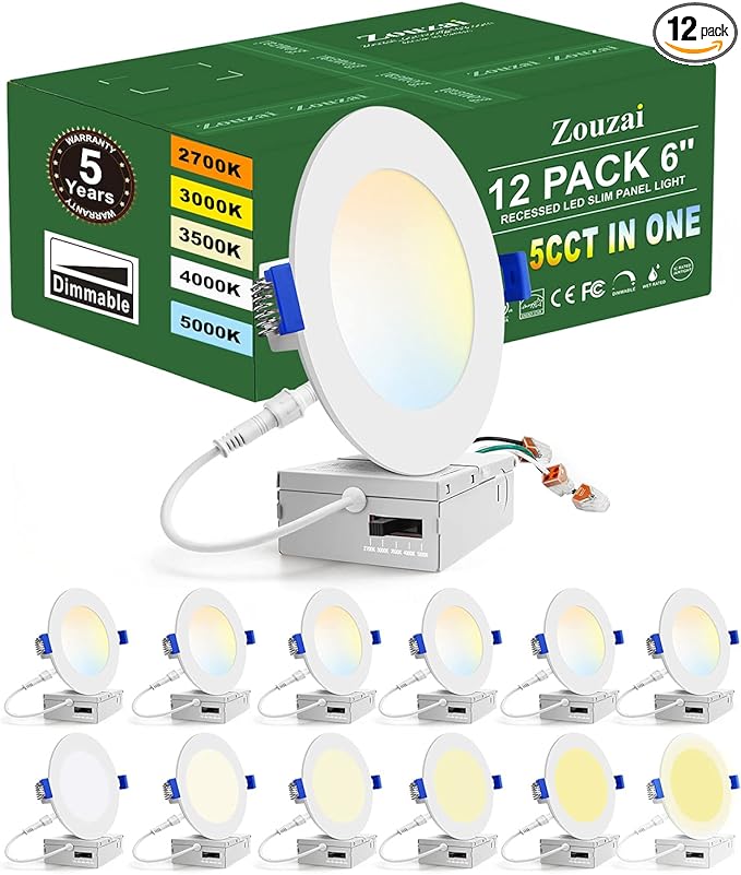 zouzai 12 Pack 6 Inch 5CCT Ultra-Thin LED Recessed Ceiling Light with Junction Box, 2700K/3000K/3500K/4000K/5000K Selectable, 12W Eqv 110W,Dimmable, led can Lights- ETL and Energy Star Certified