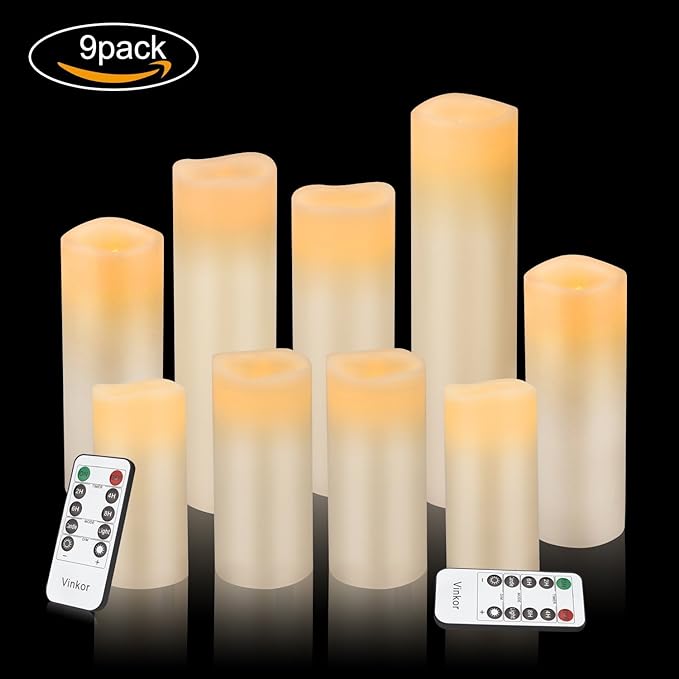 Vinkor Flameless Candles Battery Operated Candles 4" 5" 6" 7" 8" 9" Set of 9 Ivory Real Wax Pillar LED Candles with 10-Key Remote and Cycling 24 Hours Timer