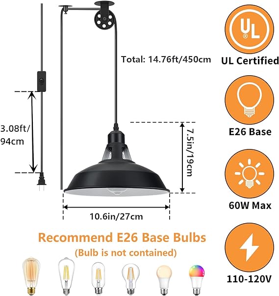 Lomoky Plug in Pendant Light, Hanging Lamp with Black Barn Pendant Lighting with 14.76ft Cord On/Off Switch, Adjustable Pulley Wall Light Fixture Hanging Light for Kitchen Bedroom Restaurant 2 Pack