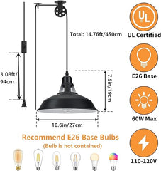 Lomoky Plug in Pendant Light, Hanging Lamp with Black Barn Pendant Lighting with 14.76ft Cord On/Off Switch, Adjustable Pulley Wall Light Fixture Hanging Light for Kitchen Bedroom Restaurant 2 Pack