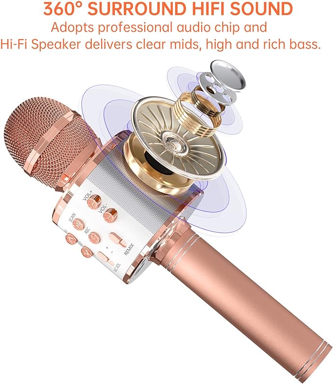 OVELLIC 2 Pack Karaoke Microphone for Kids, Wireless Bluetooth Karaoke Microphone for Singing, Portable Handheld Mic Speaker Machine, Gifts Toys for Girls Boys Adults All Age (Rose Gold)